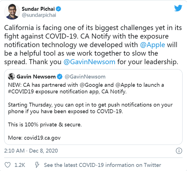 苹果和谷歌研发的新冠联系人追踪程序“CA Notify”加州正式上线